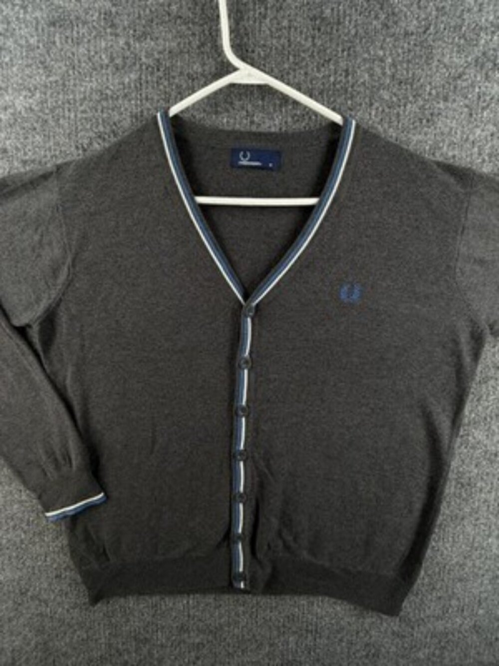 Fred Perry Gray Logo Medium Mens Cardigan Cotton V-Neck Knit Sweater Designer